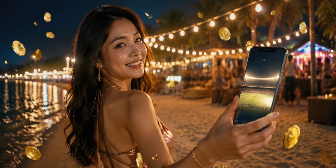 Người dùng tại Phú Quốc đặt cược thể thao trực tuyến trên bãi biển buổi chiều